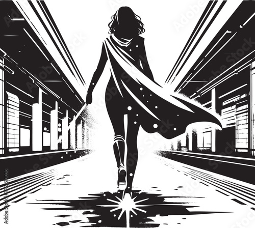 Silhouette of a woman walking in a subway with cape leaving a li