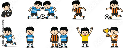 Cartoon Boys Playing Soccer, Competing in Football Match, Celebrating Victory with Trophy – Fun Kids Sports Game Vector Illustration
