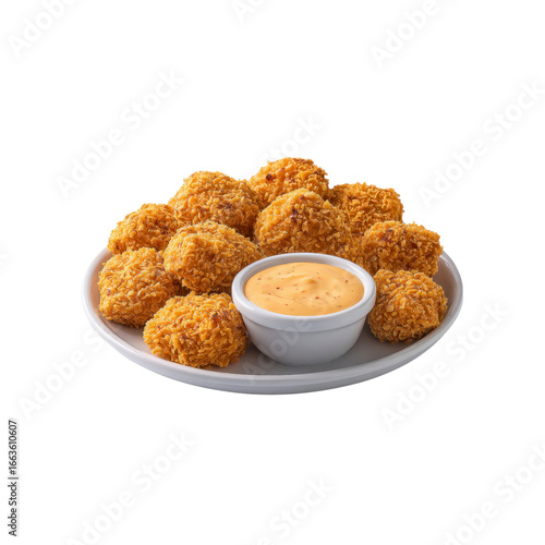 Crispy Chicken Nuggets with Creamy Spicy Dip on White Plate