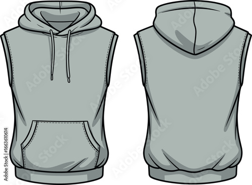 CAD drawing flat vector illustration of sleeveless hoodie, front and back views, grey color style, drawstring hood, garment layout, fashion sketch, clothing design template
