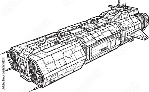 Futuristic freighter concept in black and white, isolated spacec
