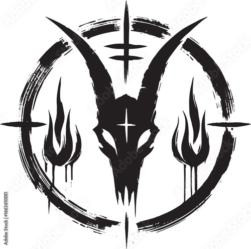 Minimalistic Icon Depicting Occult Symbolism in Sumi-e Style wit