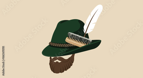 An elegant flat design illustration of a traditional Bavarian Trachtenhut, complete with a distinctive Gamsbart and feather