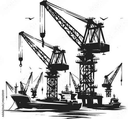 Monochromatic offshore construction scene showcasing cranes and