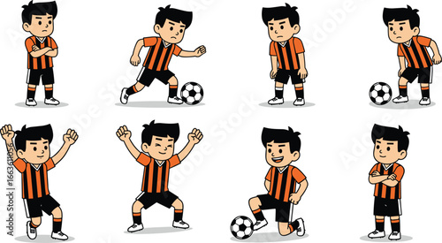 Cartoon Soccer Boy Character Vector Set with Various Football Actions, Kicking, Standing, Cheering, Playing, and Sporty Pose Illustrations.