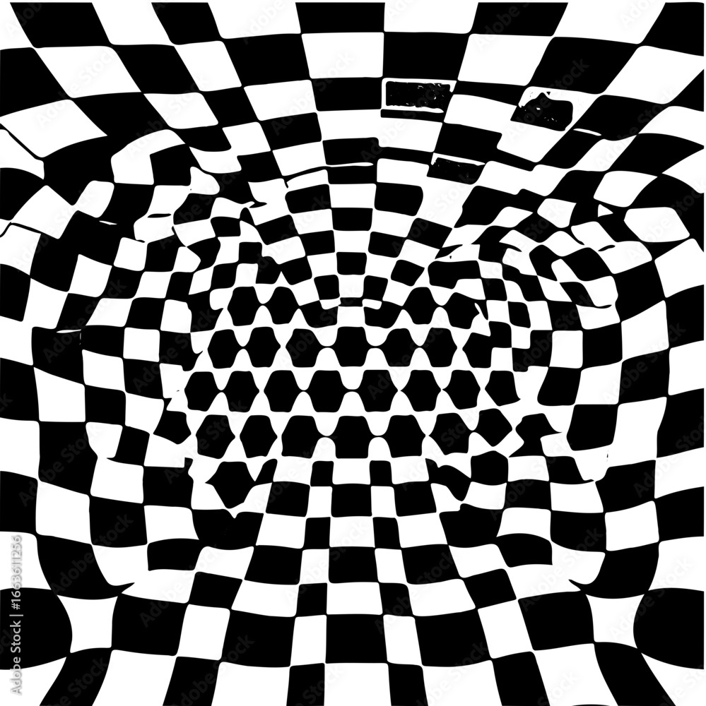 Naklejka premium Wavy hexagon board pattern, distorted perspective, optical illusion effect, black and white, seamless vector abstract geometric background 
