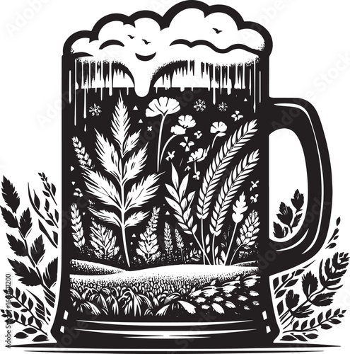 Artistic Black and White Illustration of a Beer Mug with Botanical and Landscape Elements