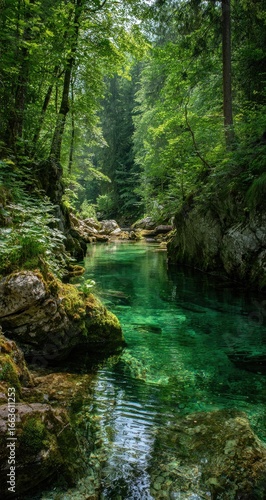 Emerald-green river winding through lush forest