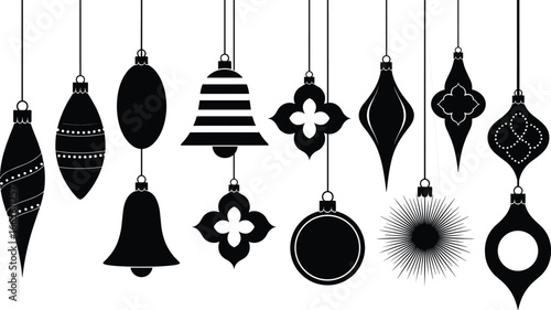 Christmas Ornament Silhouette Vector Set – Hanging Holiday Decorations, Bells, Baubles & Shapes, Black Clipart for Winter Crafts