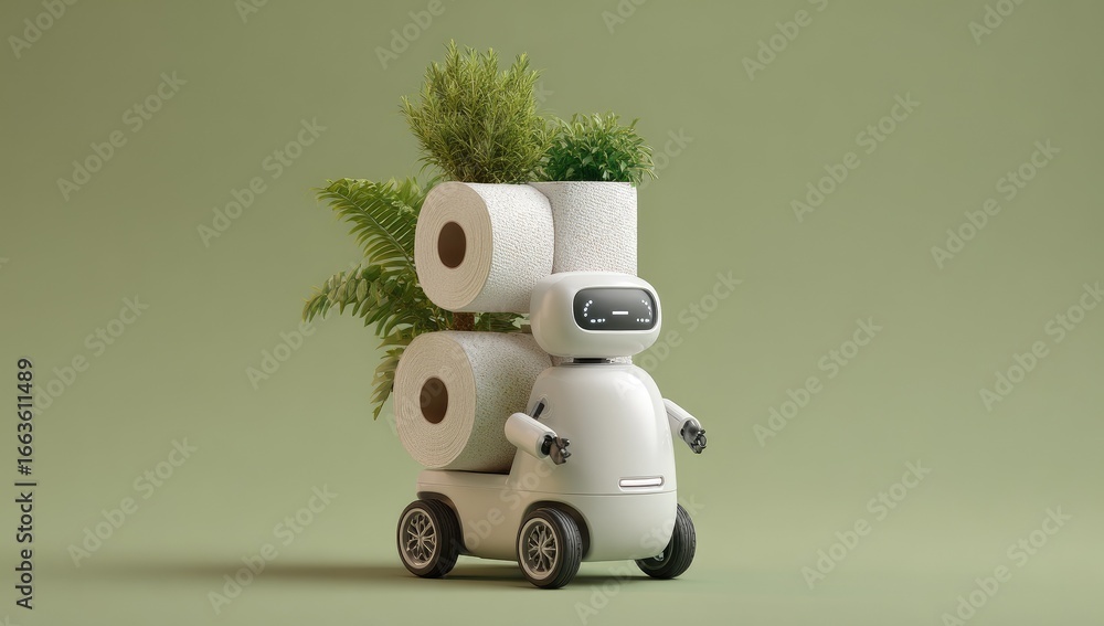 Fototapeta premium A white robot carries toilet paper rolls topped with plants
