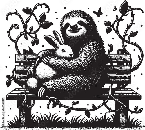 Whimsical Illustration of a Sloth Embracing a Bunny Rabbit on a Park Bench Surrounded by Nature