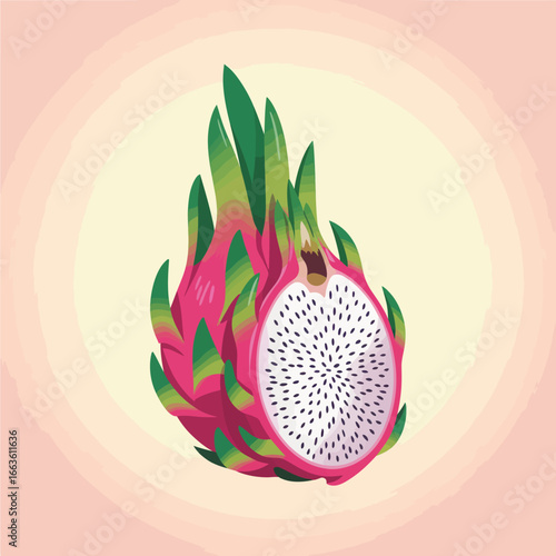 A visually striking image of a dragon fruit split in half, revealing its unique texture and color, emphasizing the exotic appeal of this tropical fruit on a soft pink background.