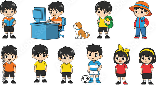 Cute cartoon kids in various outfits doing daily activities like reading, studying, walking, playing, wearing uniforms and casual clothes.
