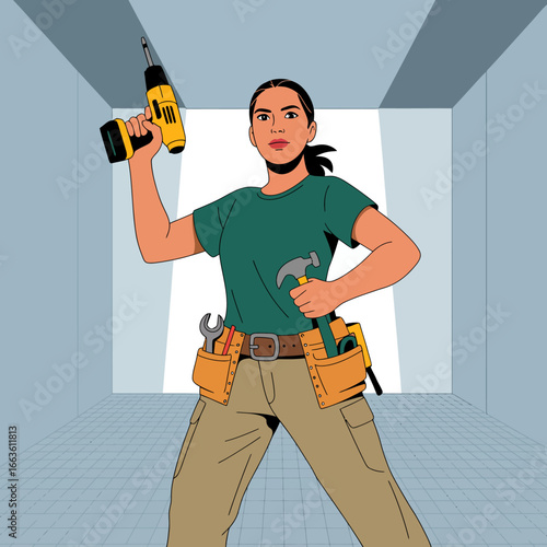 A bold illustration of a strong woman confidently gripping a power drill and tools in a dynamic workspace, symbolizing empowerment, skill, and the spirit of DIY.