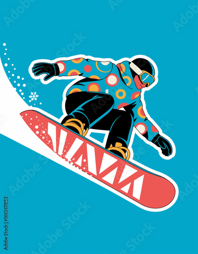This vibrant illustration captures a dynamic snowboarder mid-action, showcasing the thrill and excitement of winter sports against a clear blue backdrop.
