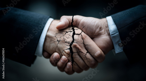 Two businessmen shaking hands with cracks, Failed negotiations, Broken agreement concept

