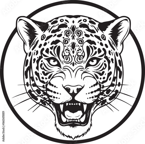 Black and White Jaguar Head with Ornate Tribal Markings in Circle Keywords: jaguar, leopard, big cat, wild animal, predator, feline, head, face, portrait, black and white, monochrome, illustration