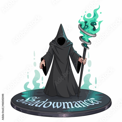 A dark, enigmatic figure known as the shadowmancer stands with an empty face, raising a staff that emits ghostly green flames, symbolizing mystery and the supernatural realms.