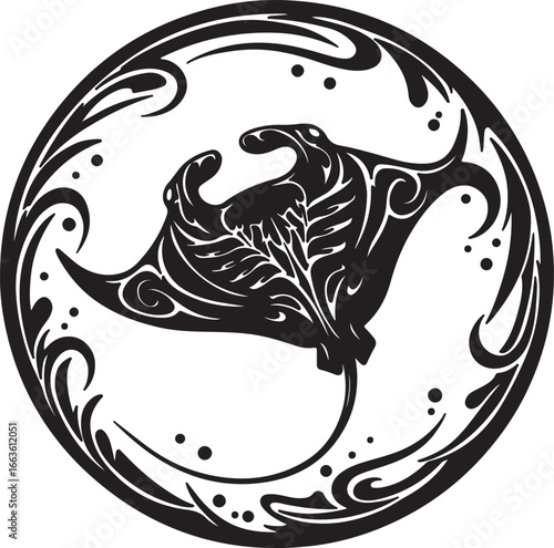 Black Manta Ray Emblem with Decorative Swirls and Dots stingray ocean