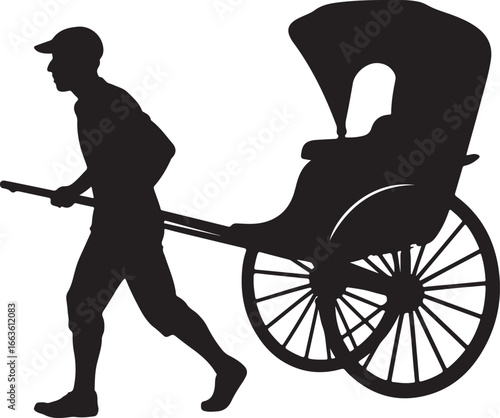 Silhouette of a man pulling a rickshaw with a passenger transportation
