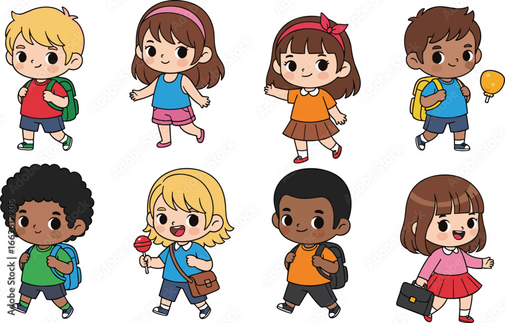 Diverse Cute School Kids Walking with Backpacks and School Supplies – Happy Children Character Set for Education and School Design Diverse Cute School Kids Walking with Backpacks and School Supplies – Happy Children Character Set for Education and School Design