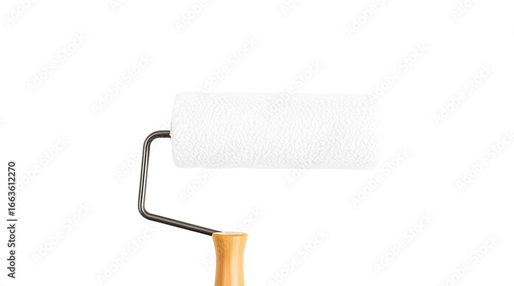 Fototapeta premium White Paint Roller with Wooden Handle and Metal Shaft – Vertical Position Isolated Transparent Background