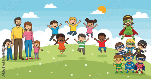 Diverse Group of Happy Kids and Parents with Superhero Costumes Playing Outside in Park – Colorful Cartoon Vector Illustration