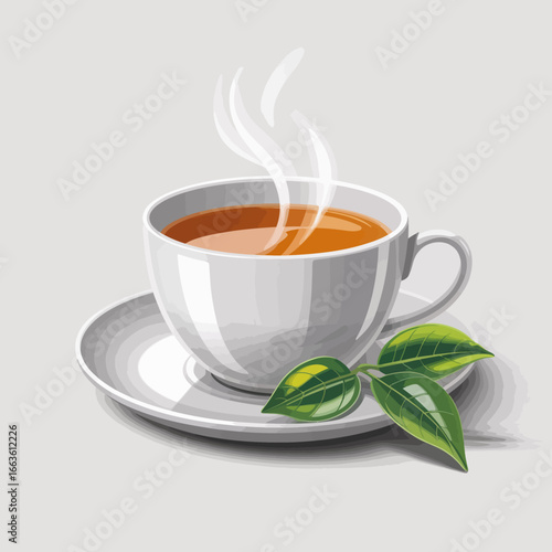 An inviting cup of steaming tea placed on a saucer with fresh green tea leaves, symbolizing relaxation and comfort in a minimalist setting, perfect for a cozy moment.