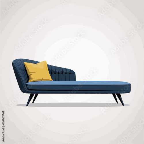 This sleek illustration features a modern blue couch with a bright yellow accent pillow, embodying contemporary design and comfort in a minimalist aesthetic.