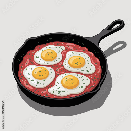 This image of sunny-side-up eggs in a skillet reflects a cozy breakfast setting, appealing to food lovers and home cooks who appreciate hearty, delicious meals every morning.