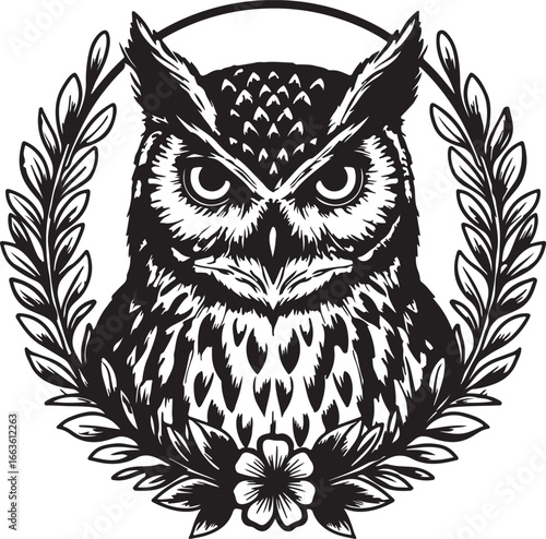 Detailed Black and White Owl Emblem with Laurel Wreath and Flower bird nocturnal