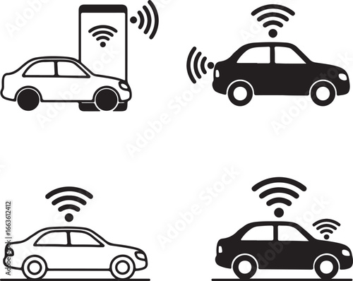 Four car icons with wifi signals two black two white with one smartphone connection automobile vehicle