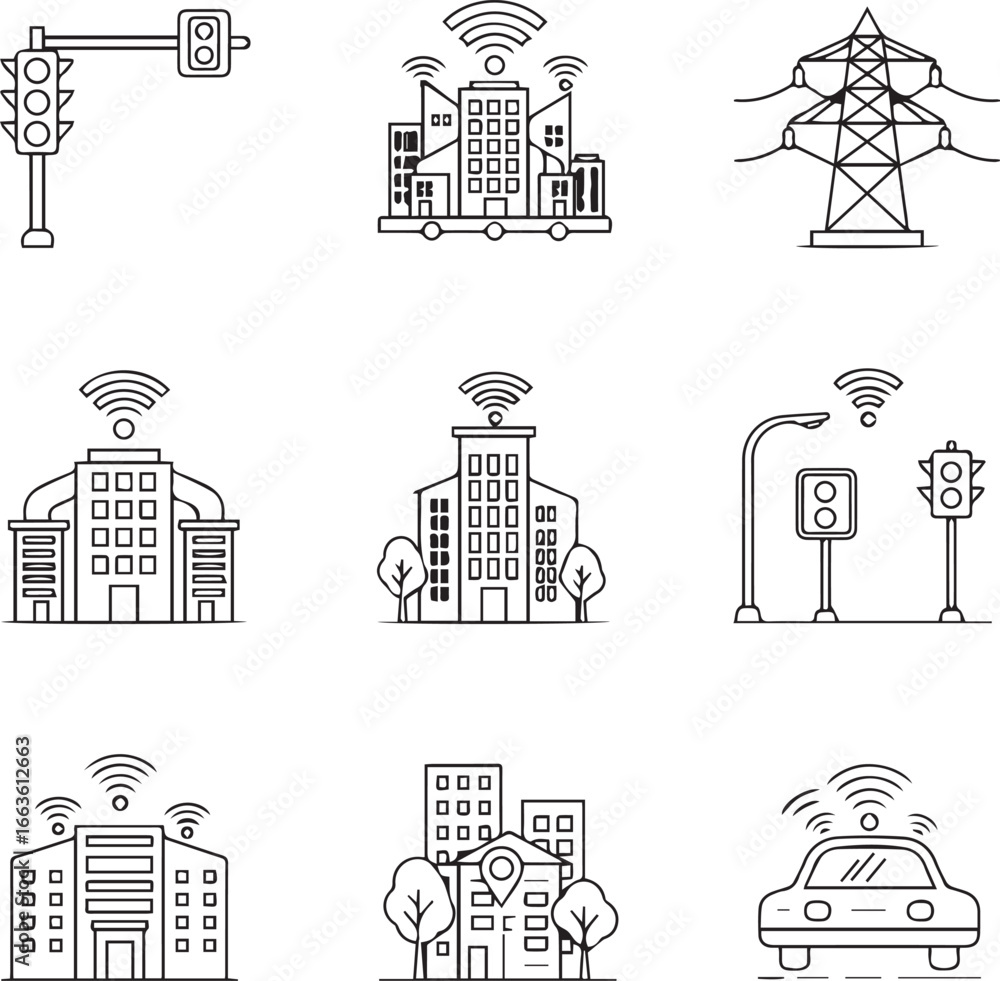 Fototapeta premium Nine Icons Representing Smart City Elements with Wireless Signals technology urban