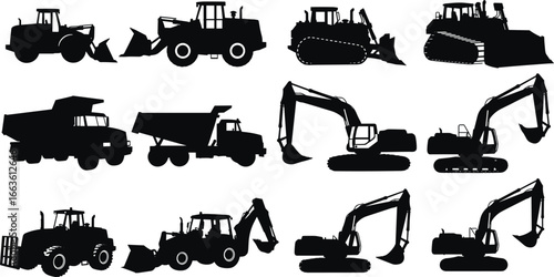 Heavy Construction Equipment Silhouettes Vector Set – Excavators, Bulldozers, Dump Trucks, Tractors, Loaders, Industrial Vehicles Clipart Collection