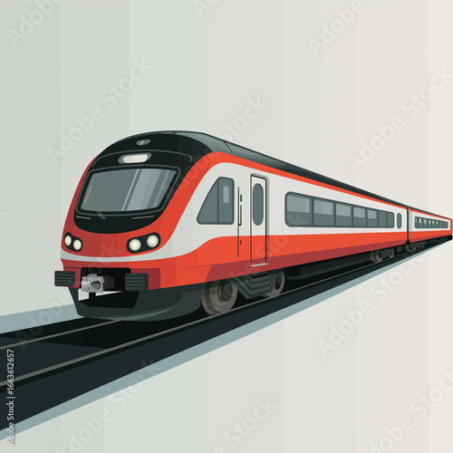 A sleek and modern passenger train depicted in red and white colors, emphasizing speed and efficiency, symbolizing contemporary transportation and connectivity.