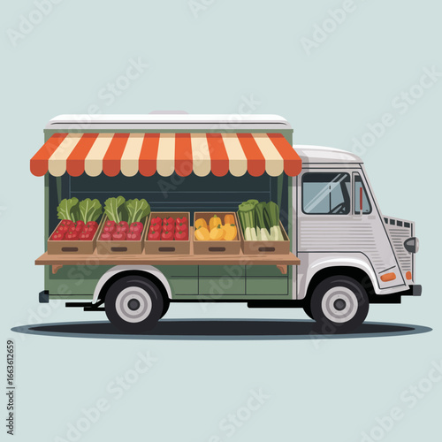 A charming food truck filled with fresh, colorful produce, featuring vibrant vegetables, promoting healthy eating and connection to local farms, perfect for vibrant culinary settings.