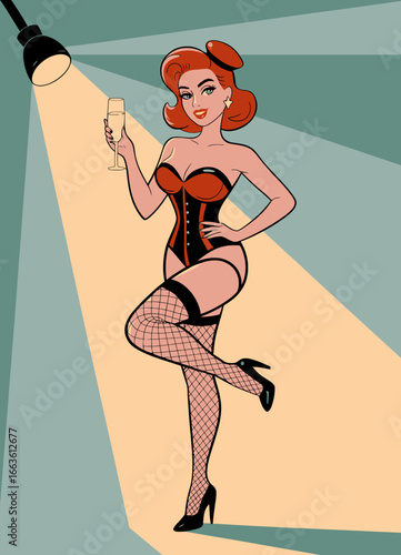 This eye-catching illustration features a glamorous woman in a stylish cabaret outfit, holding a champagne glass in a vibrant stage setting, exuding confidence and allure.