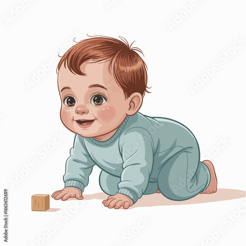 An adorable baby crawling on a soft surface, radiating joy and curiosity, capturing the essence of childhood innocence and exploration in an endearing artistic style.