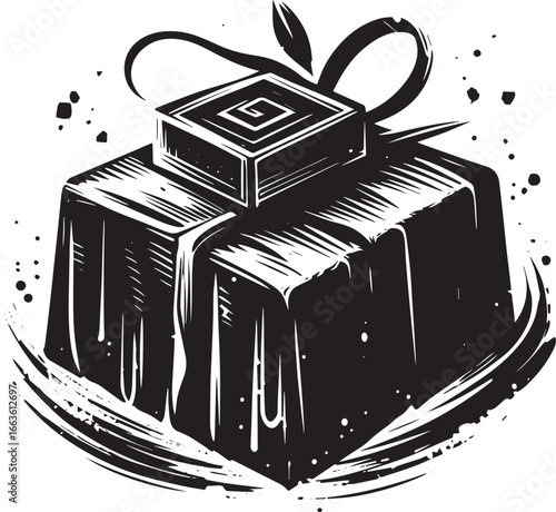 Stylized Chocolate Fudge Candy Icon with Sumi-e Brush Strokes in