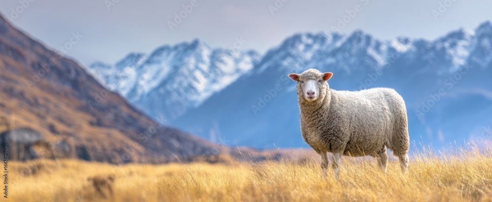 Obraz premium The serene sheep grazing in a picturesque mountainous landscape.