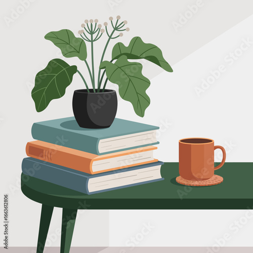 This serene image showcases a stack of books beside a cozy cup on a green table, evoking comfort, tranquility, and the beauty of enjoying peaceful moments in daily life.