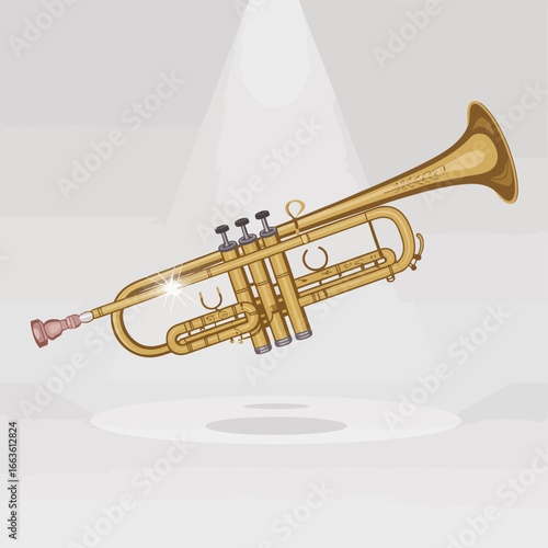 This striking image features a polished gold trumpet captured in a spotlight, representing musical artistry and a vibrant performance atmosphere.