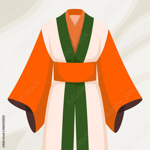 This beautifully crafted kimono demonstrates the elegance of traditional Japanese wear, highlighting cultural heritage, craftsmanship, and artistic narratives within clothing.