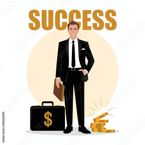 This image illustrates a confident businessman in a suit with a briefcase, epitomizing success and achievement in the corporate and professional world.