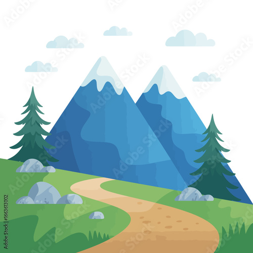 This serene illustration depicts a tranquil mountain landscape, complete with a winding path and soft clouds, evoking a sense of peace and harmony within nature’s beauty.