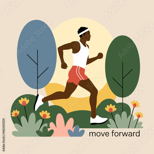 This vibrant illustration depicts a runner in motion, set against a beautiful natural backdrop with lush trees and a rising sun, symbolizing progress and vitality.