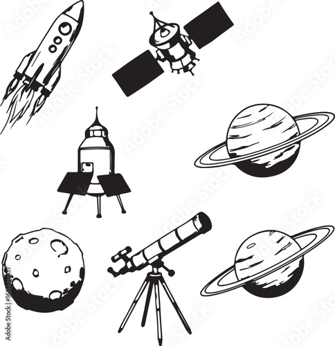 Space exploration and astronomy icons including rockets planets moon and telescope satellite saturn