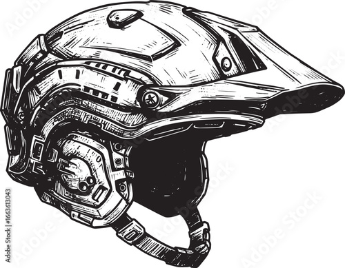 Detailed woodcut illustration of futuristic tactical helmet, iso