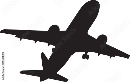 Black silhouette of a modern jet airplane with landing gear extended in flight aircraft