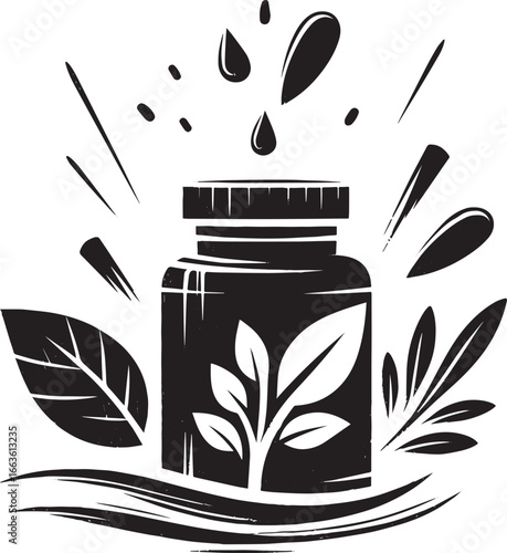 Minimalist sumi-e wellness supplement container with botanical e